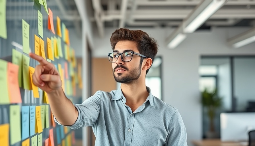 Young man in office pointing at wall notes for Amazon keyword planning
