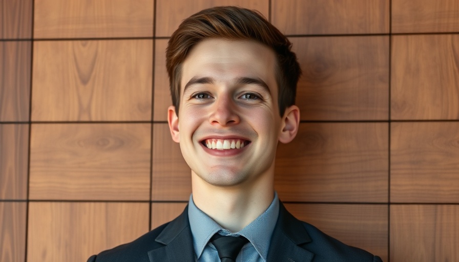 Young man smiling in a suit with wood background.