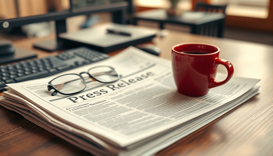 Newspaper with 'Press Release' on wooden table beside coffee.