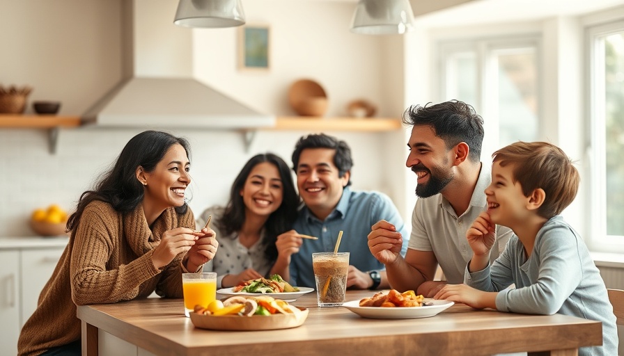 Cheerful family enjoying a meal at home, illustrating consumer grocery financing buy now pay later options.