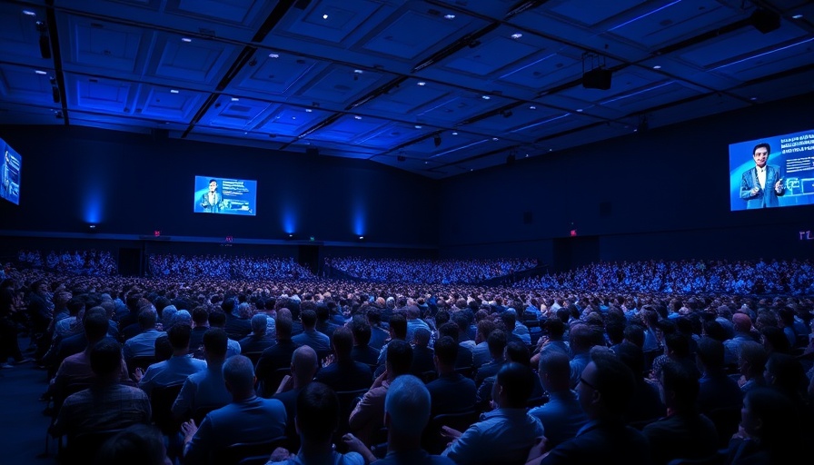 Conference hall filled with people listening to a presentation on marketing strategies.