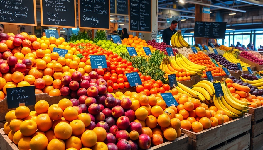 Colorful market display with clear price tags for fruit, illustrating consumer price data collection.