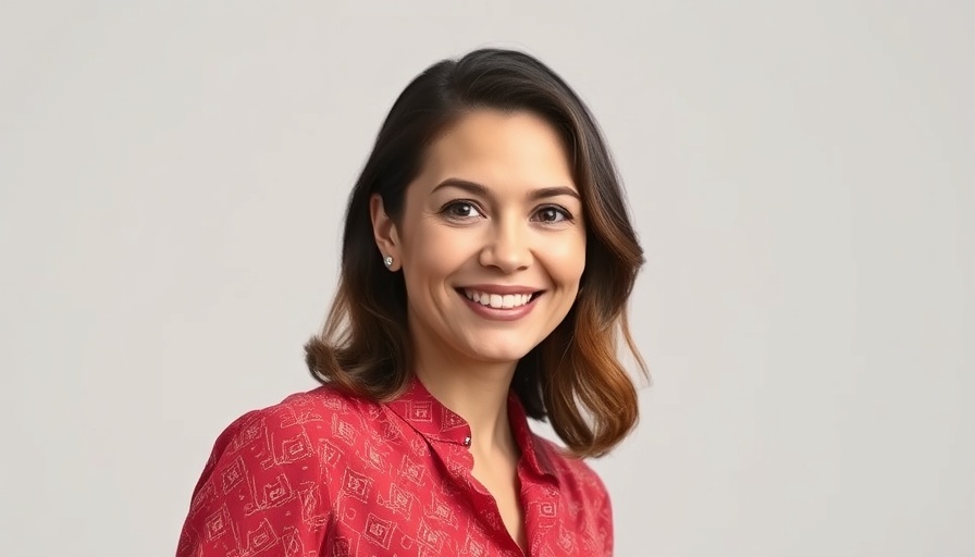 Confident woman smiling in a red patterned blouse, turn complaints into results.