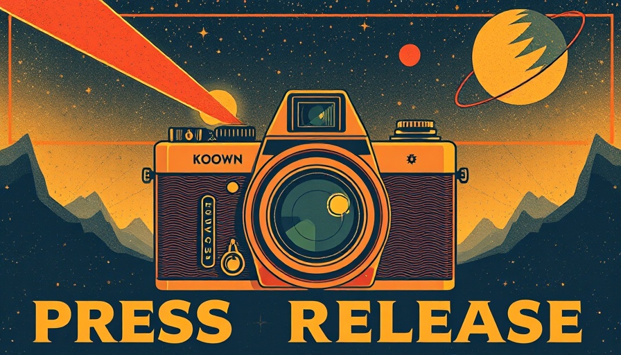 Retro press release poster with a stylized camera and cosmic theme.
