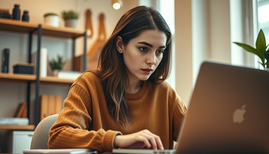 Young woman mastering podcast SEO on laptop in office