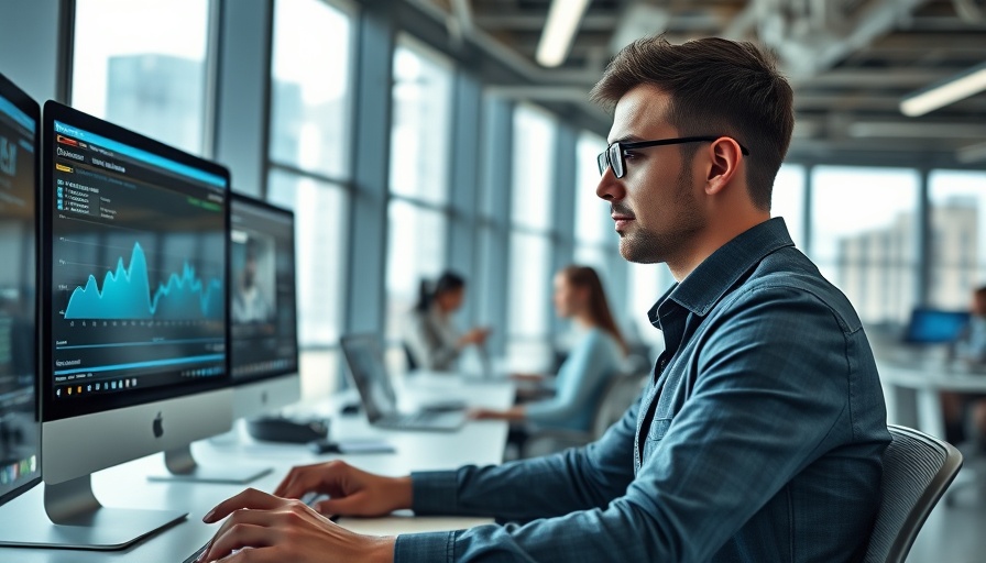 Professional focused on outcomes in open-plan office.