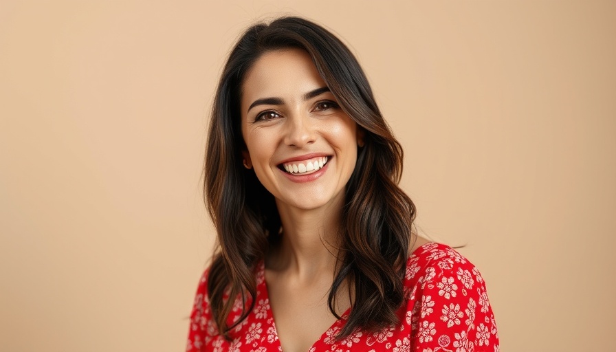 Smiling woman in patterned dress with neutral backdrop.