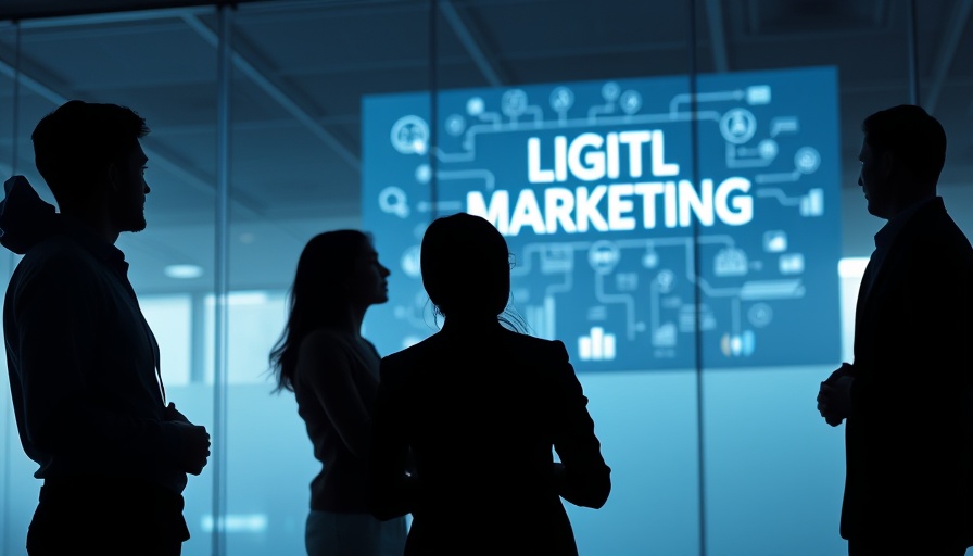 Digital marketing concepts displayed on screen with business group in office.