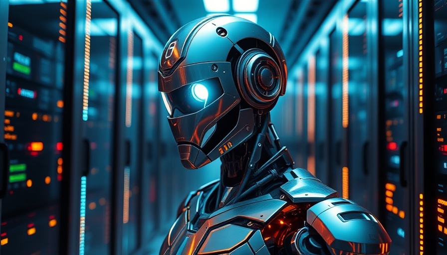 Futuristic robot in server room with glowing servers, 301 redirects for SEO.