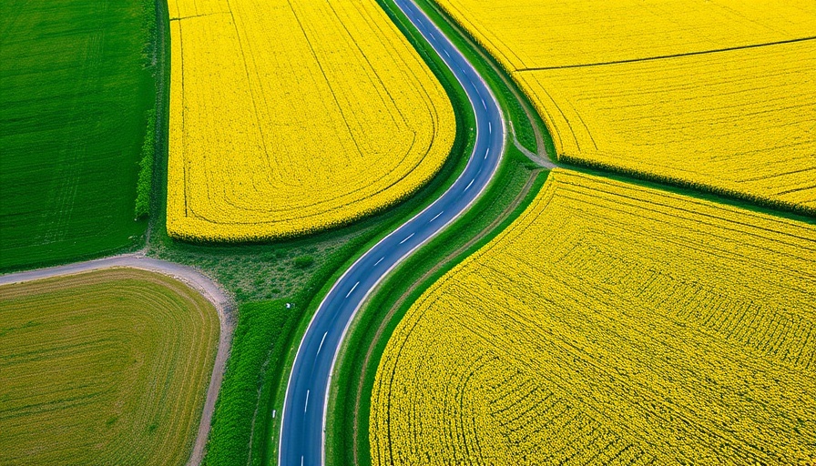 Aerial view of curved road through yellow and green fields, Digital Marketing as a Service concept.