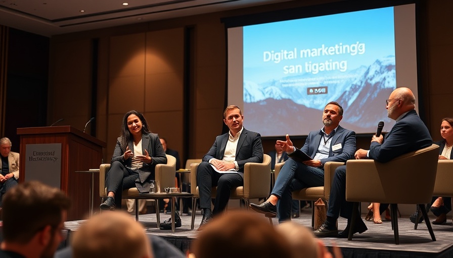 Panel discussion at conference with digital marketing backdrop.