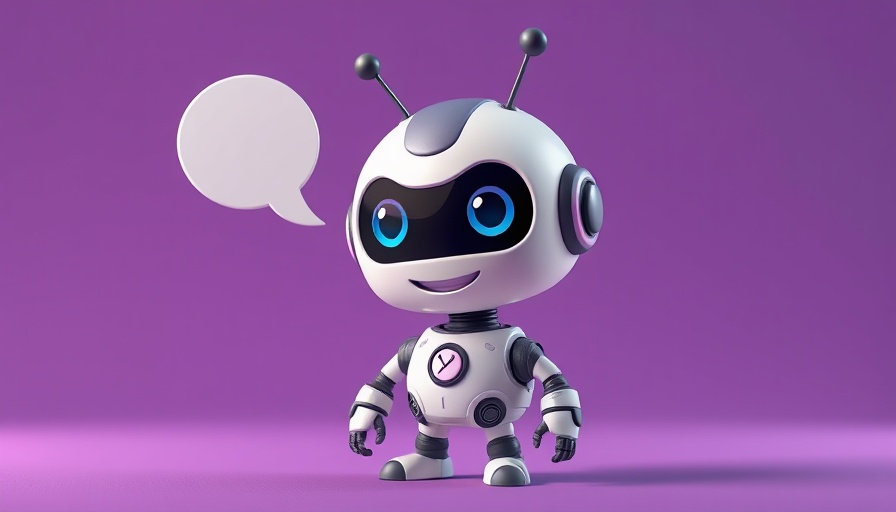 Cute AI robot in marketing context on purple background.