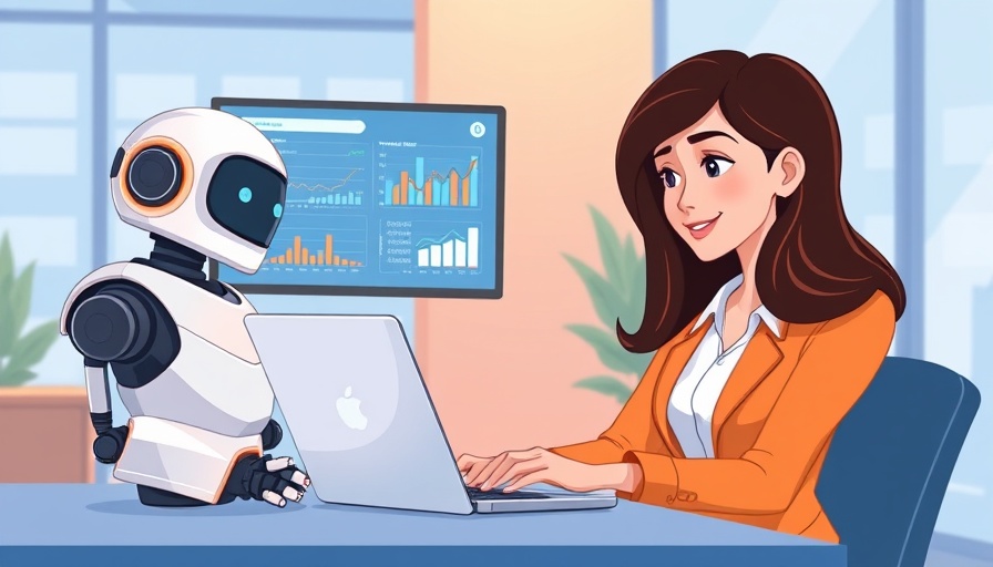 AI in digital marketing strategy illustration of woman with robot analyzing data.