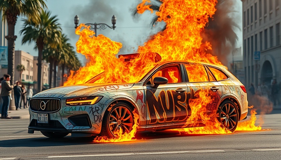 Graffiti-covered self-driving car engulfed in flames on city street.