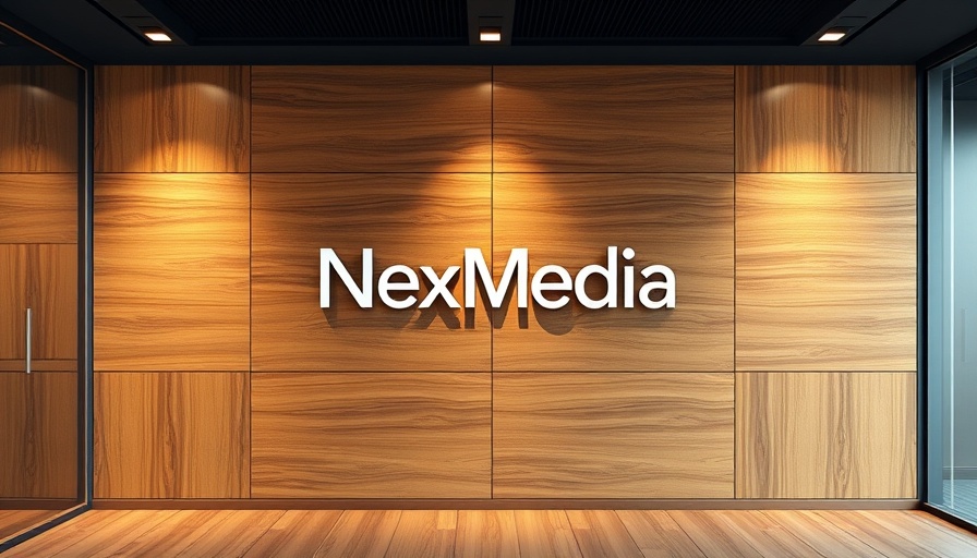 NexMedia logo on modern wooden wall, office setting.