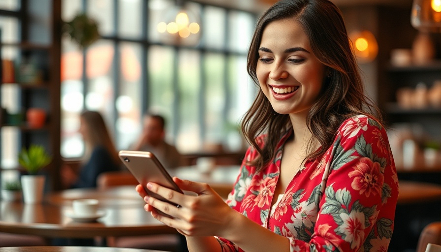 Young woman using smartphone in a coffee shop, Pinterest keyword strategies.