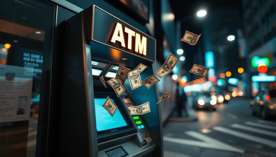 Modern ATM with floating dollar bills in urban night scene.