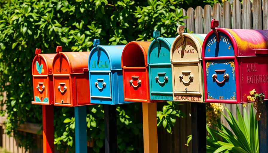 Colorful vintage mailboxes in a garden, showcasing a blend of rustic charm.