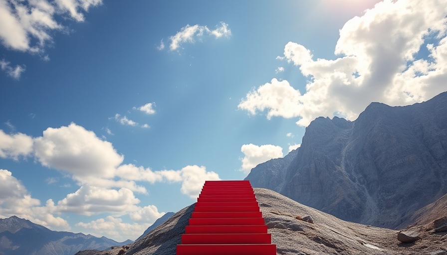 Surreal staircase in mountainous landscape, symbolizing no-product shipping strategy.