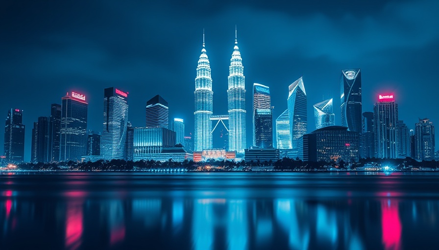 Kuala Lumpur skyline at night with Petronas Towers reflecting in water.