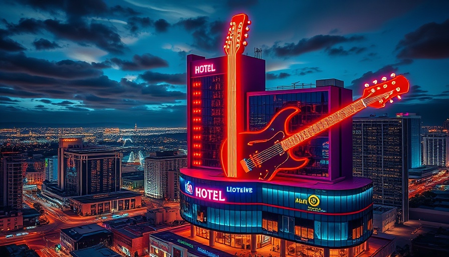 Hard Rock Digital Marketing Leadership symbolic guitar hotel at night.
