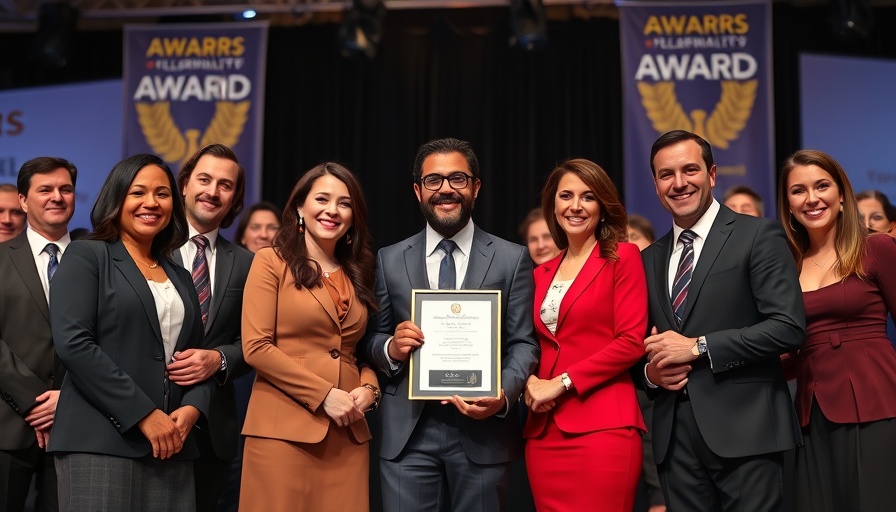 Celebratory group photo at B2B brand award stage.