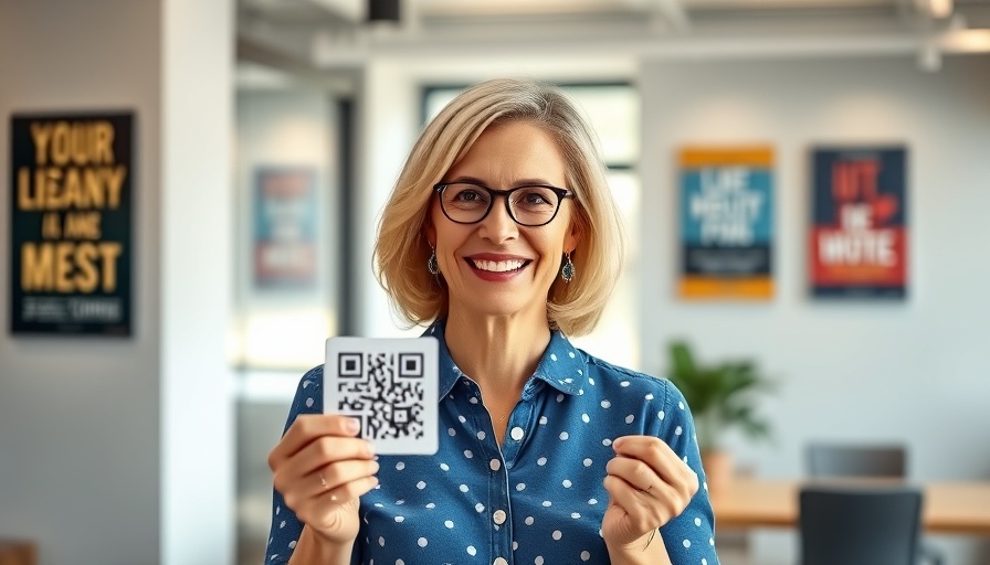 Smiling woman in office with QR code, warm lighting.