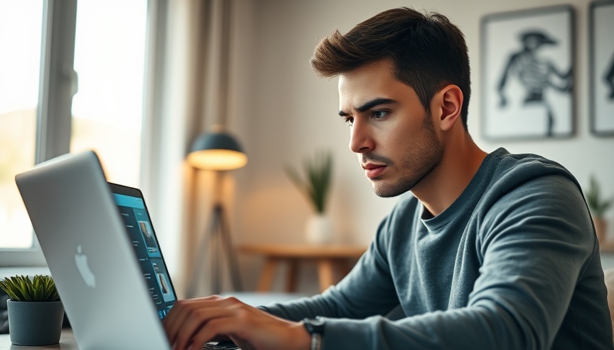 Young man using social media messaging chatbot tool in home office