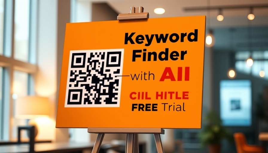 Sign promoting Keyword Finder AI with QR code and free trial offer.
