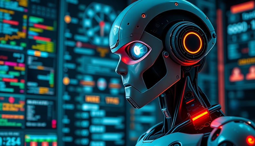 Futuristic robot analyzing code with error symbols in neon control room.