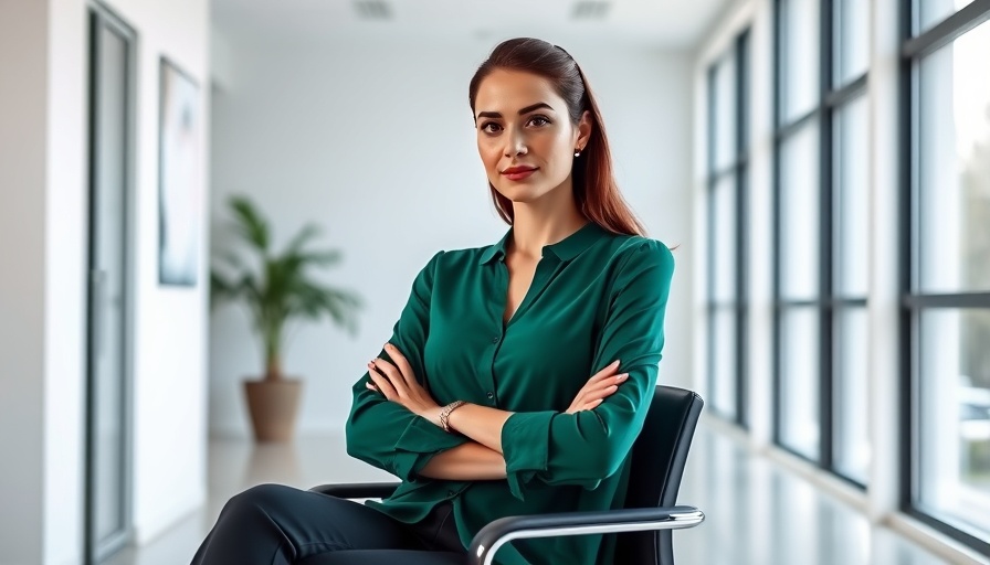 Confident woman in green blouse in modern office, related to Georgia Cleaning Products Market Digital Marketing.