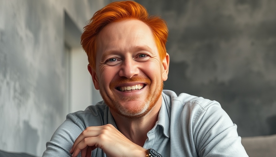 Middle-aged man with red hair smiling, embodying the power of taking a vacation, soft lighting.