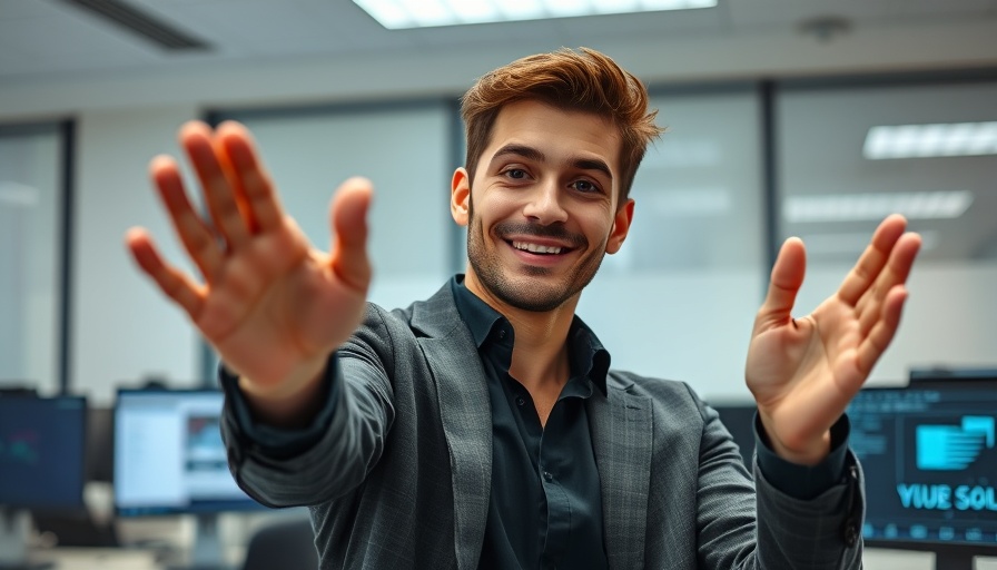 Confident man reaching out in a digital office setting for Image Search Traffic Optimization.