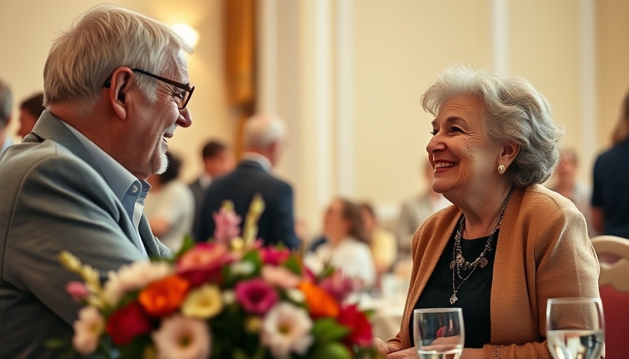 Elderly man engaged in warm conversation, colorful event setting