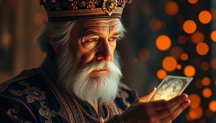 Regal man examining glowing card amid mystical background.