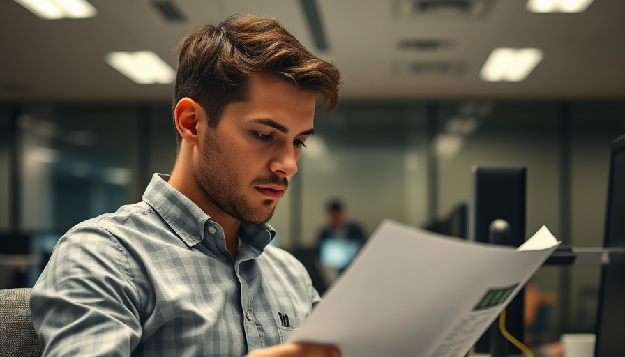 Young man in office reading document to boost SEO with breadcrumbs.