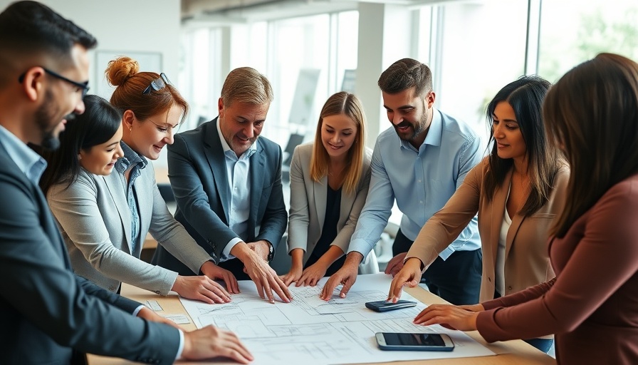 Diverse team collaborating on blueprints to tame martech complexity in office.