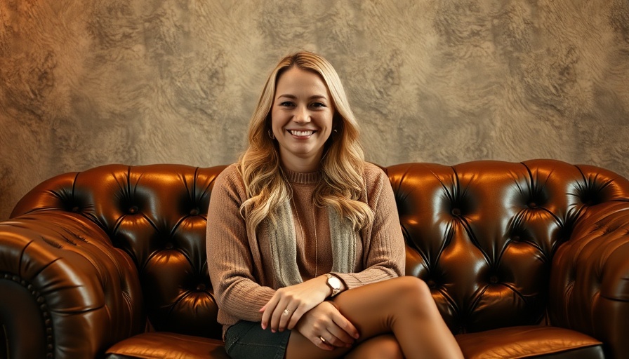 Cheerful woman sitting on a leather couch, redefining digital marketing in SA's hospitality sector.