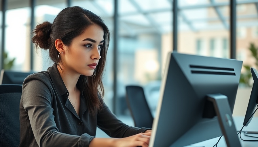 Young woman in office working on a computer, highlighting focus and engagement.
