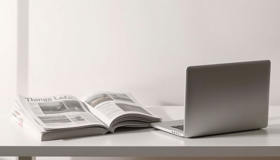 Printed magazines and laptop showcasing integration of print and digital.