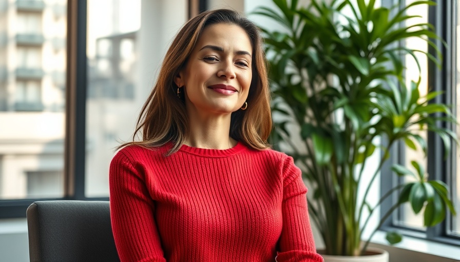 Confident woman in a red sweater, modern office setting, Making Confident Decisions in Uncertain Times.