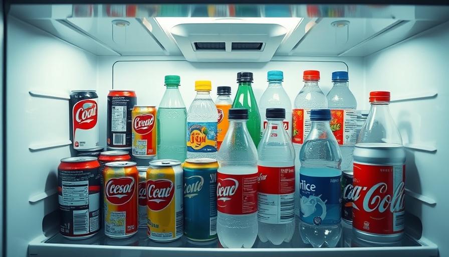 Assorted drink cans in fridge with soft lighting.