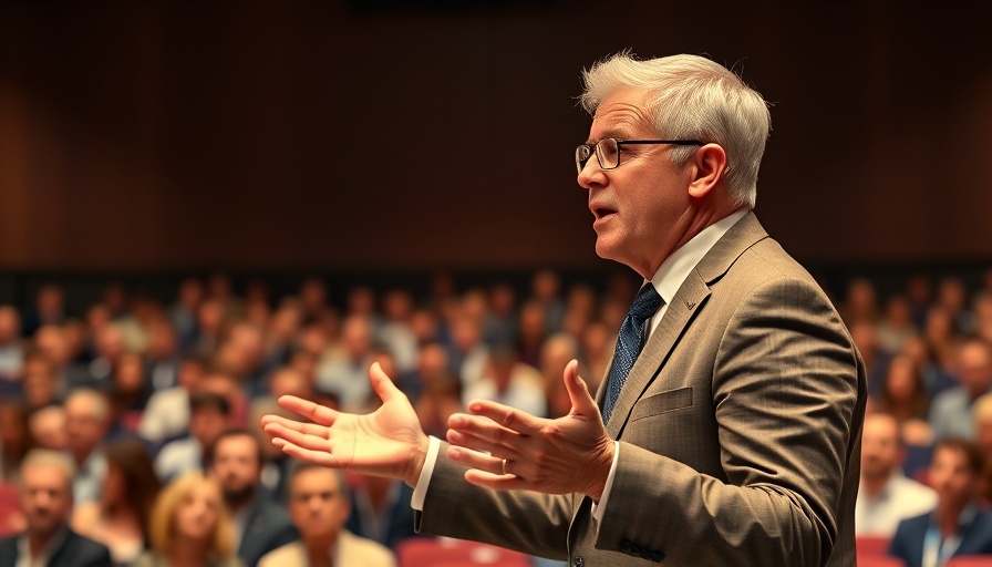 Confident business leader addressing an audience, showing leadership conviction.