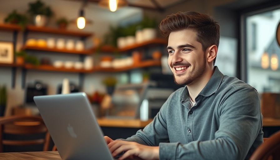 Young man fixing bad caching on laptop in a cozy cafe.