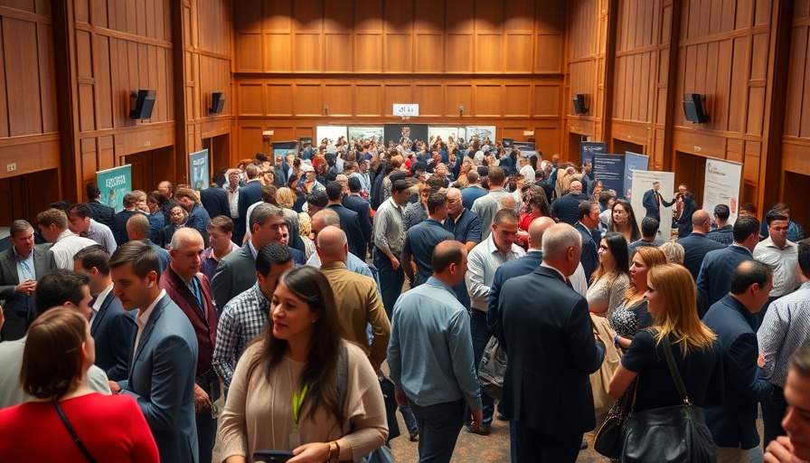Diverse professionals at a busy job fair, AI job applications surge.