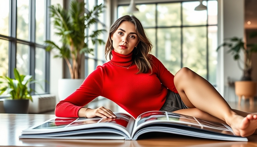 Chic woman in red turtleneck featured on magazine cover.