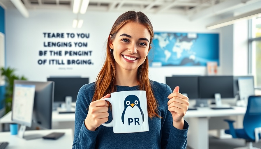 Danielle Williams in Penguin PR office smiling with a mug.