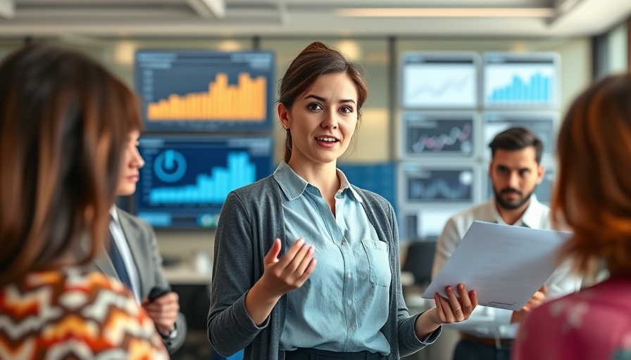 Confident female leader presenting scientific data in a modern office.