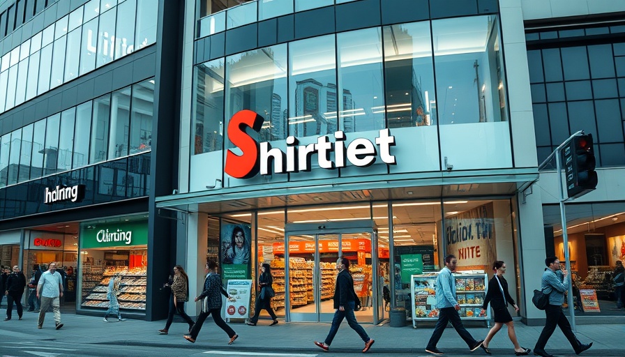 Urban supermarket exterior with pedestrians for marketing measurement for growth.