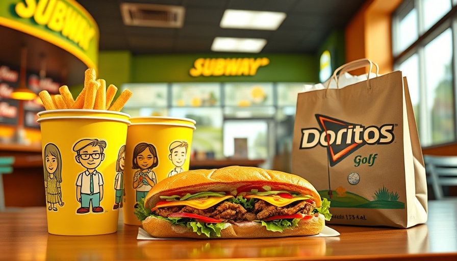 Subway Happy Gilmore marketing campaign meal display with custom cups and sandwich.